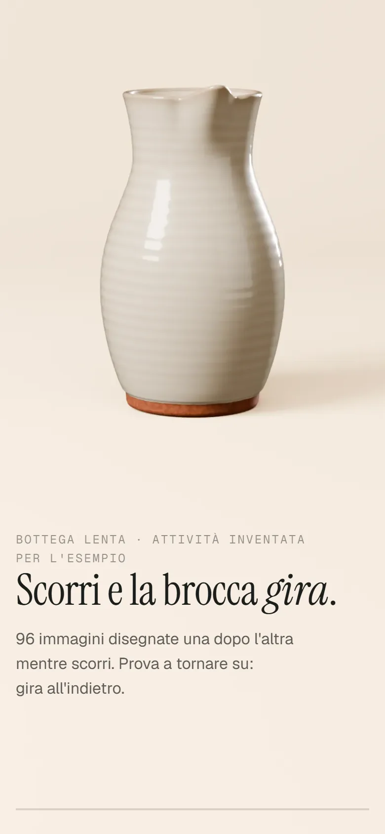 La pagina d'esempio del kit su un telefono: la brocca in alto, inquadrata in verticale, e il titolo della sezione in basso