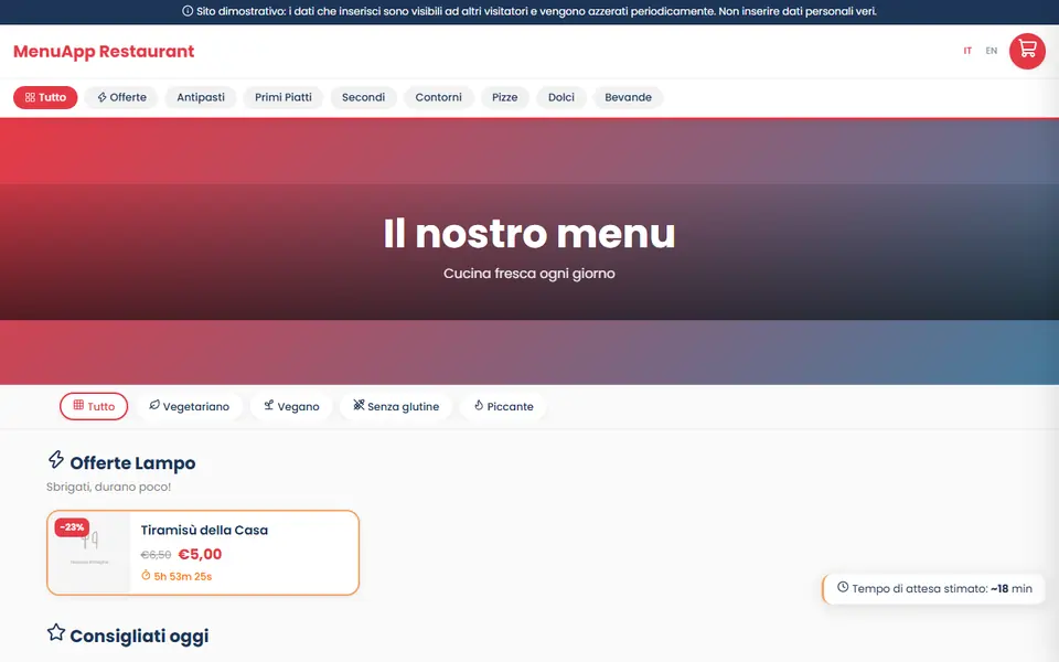 Schermata della demo Ristorante